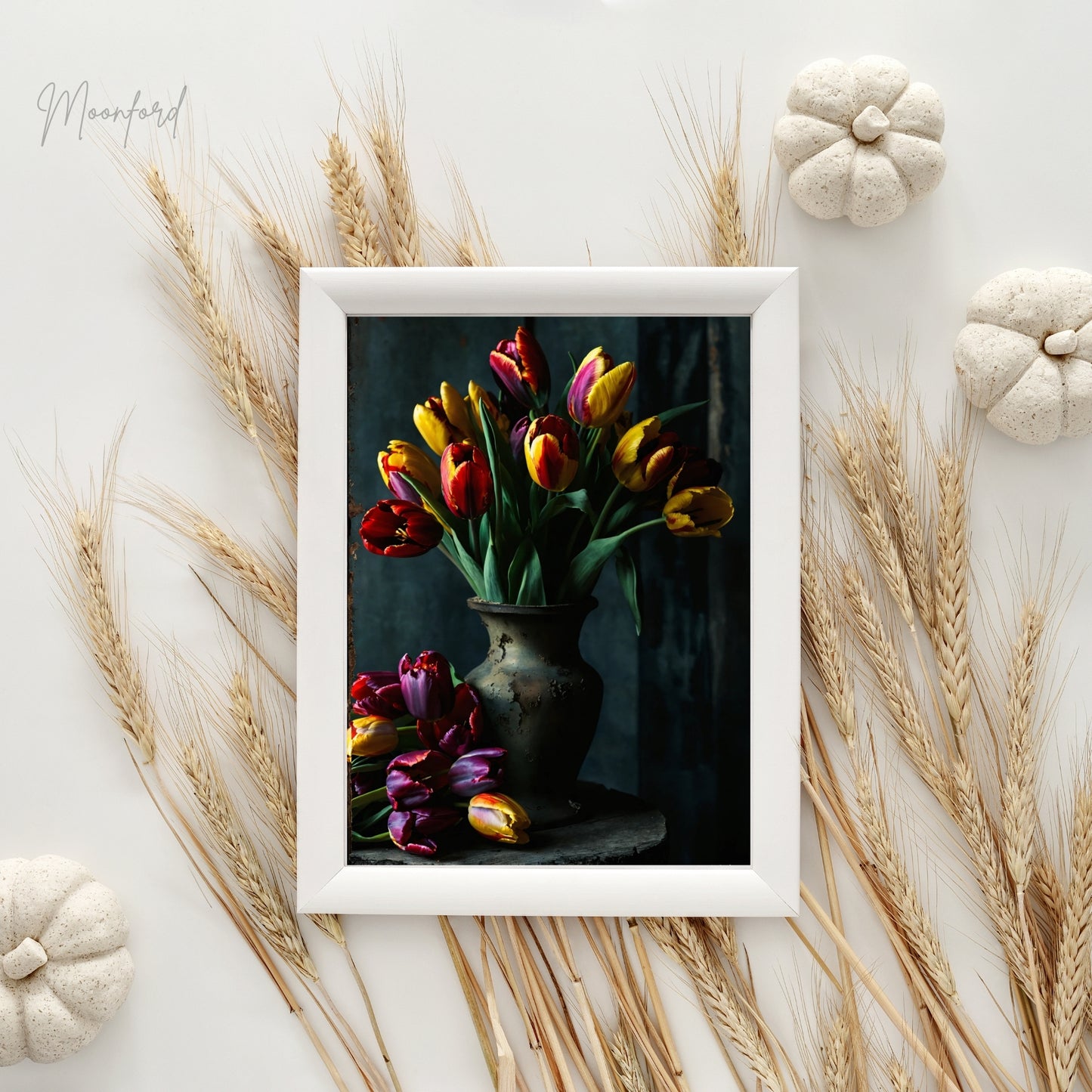 Digital art print of a vibrant tulip bouquet in an elegant vase, perfect for floral-inspired home decor.