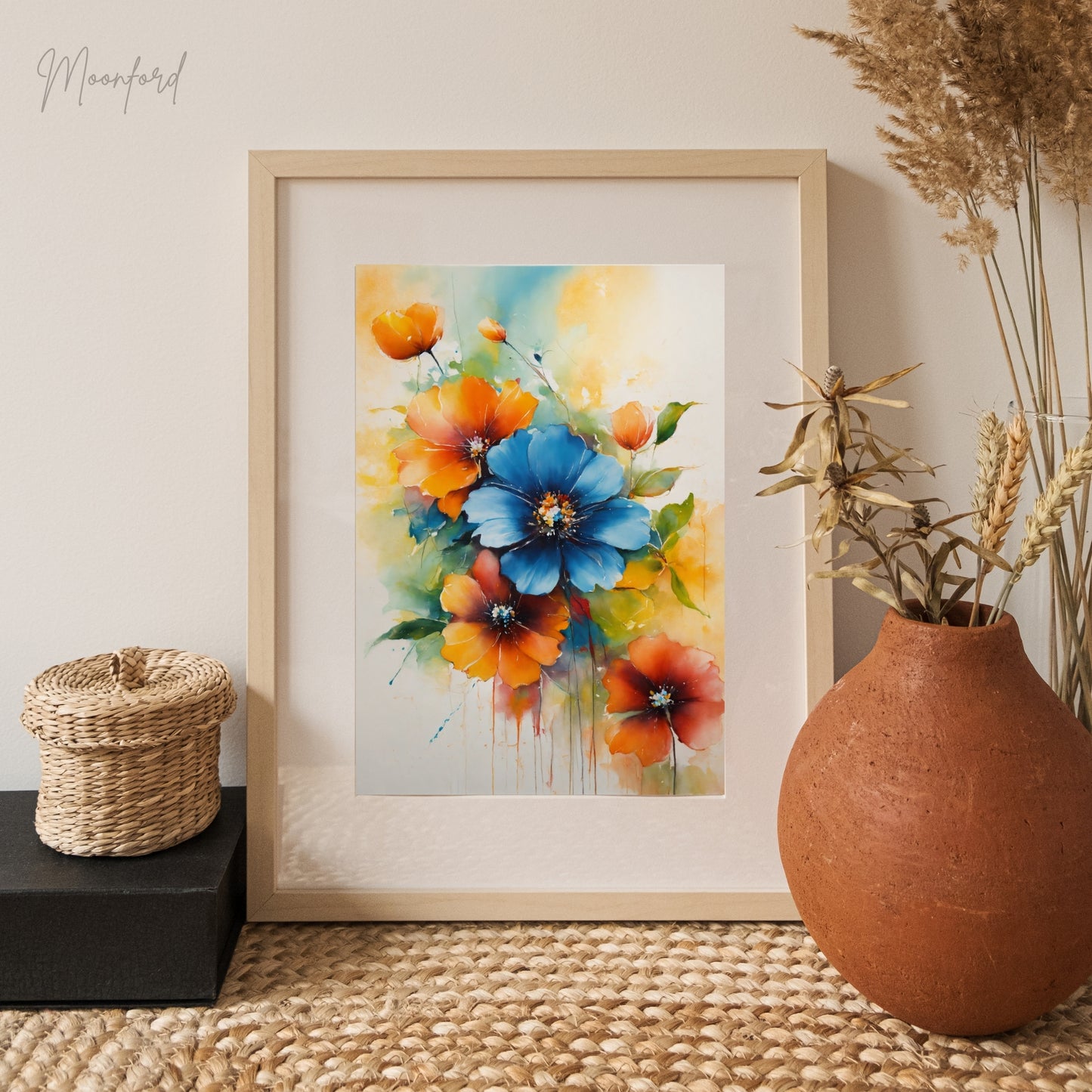 vibrant floral print, watercolor flower art, blue and orange flowers, botanical wall art, digital download print, floral home decor, watercolor bouquet print