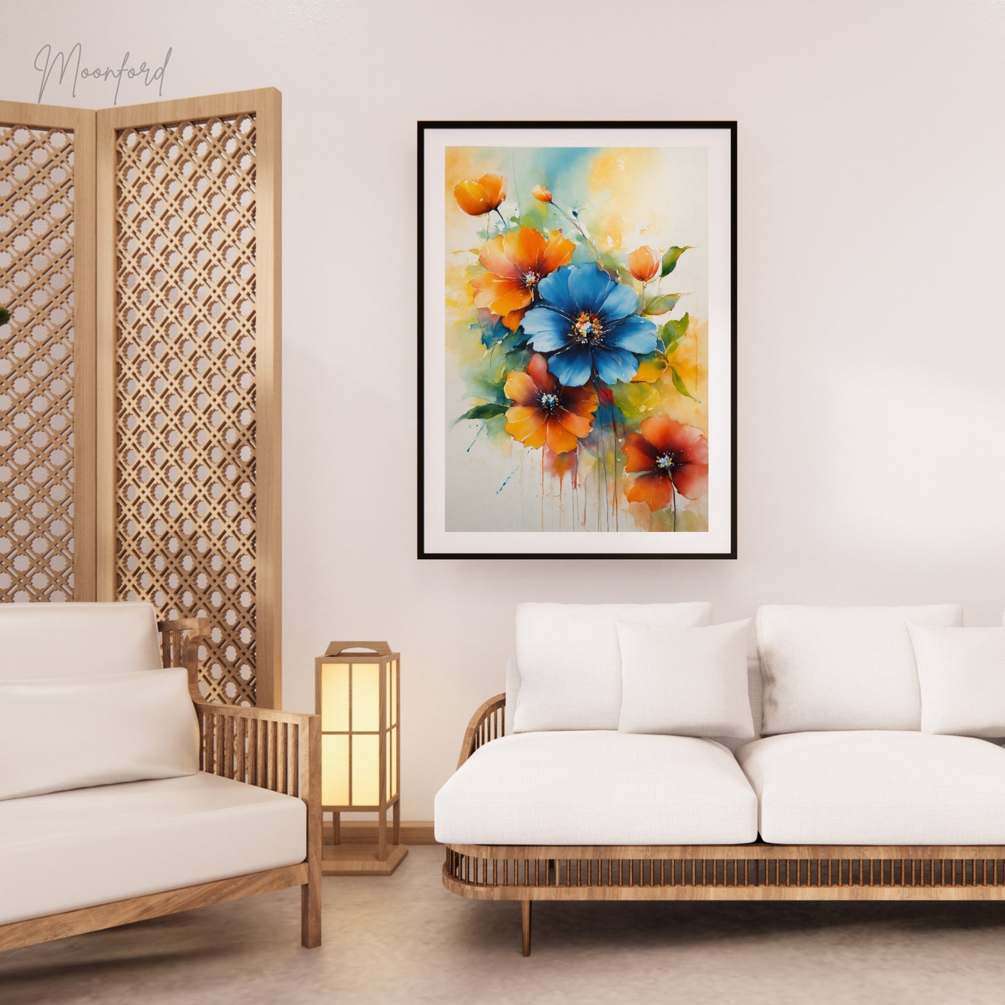 vibrant floral print, watercolor flower art, blue and orange flowers, botanical wall art, digital download print, floral home decor, watercolor bouquet print