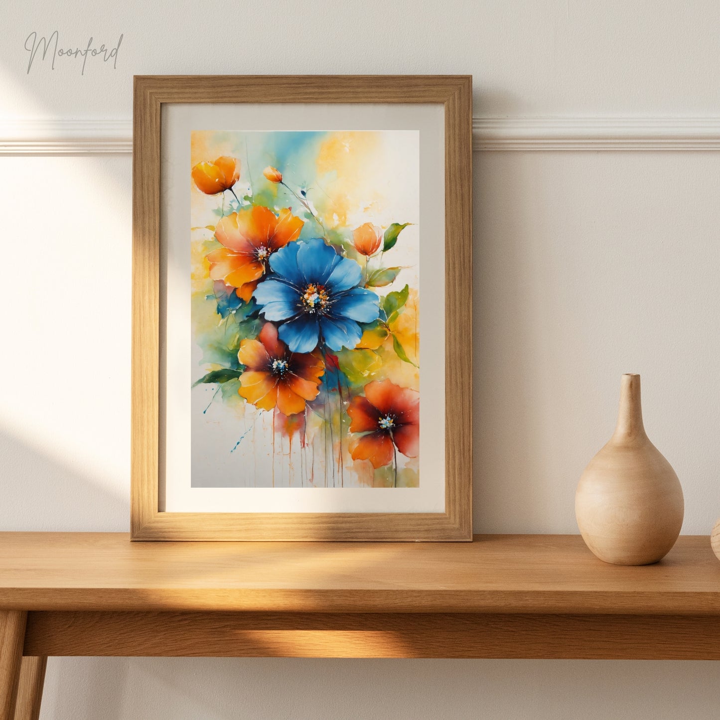 vibrant floral print, watercolor flower art, blue and orange flowers, botanical wall art, digital download print, floral home decor, watercolor bouquet print