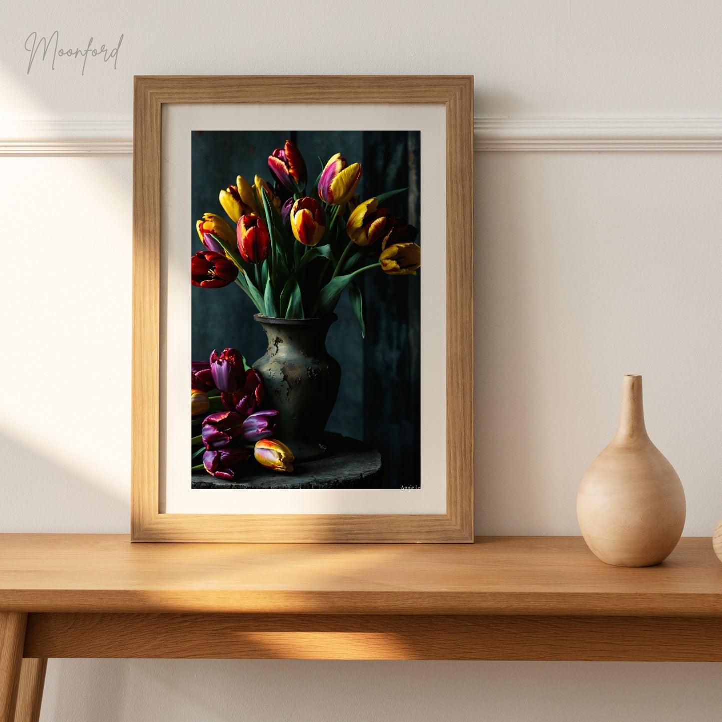 Digital art print of a vibrant tulip bouquet in an elegant vase, perfect for floral-inspired home decor.