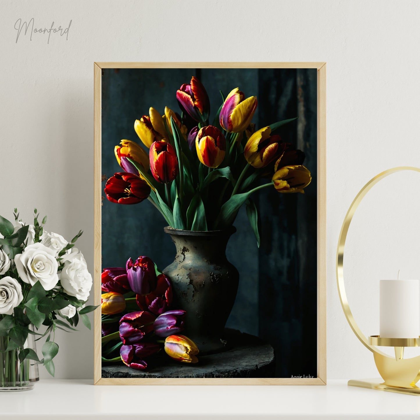 Digital art print of a vibrant tulip bouquet in an elegant vase, perfect for floral-inspired home decor.