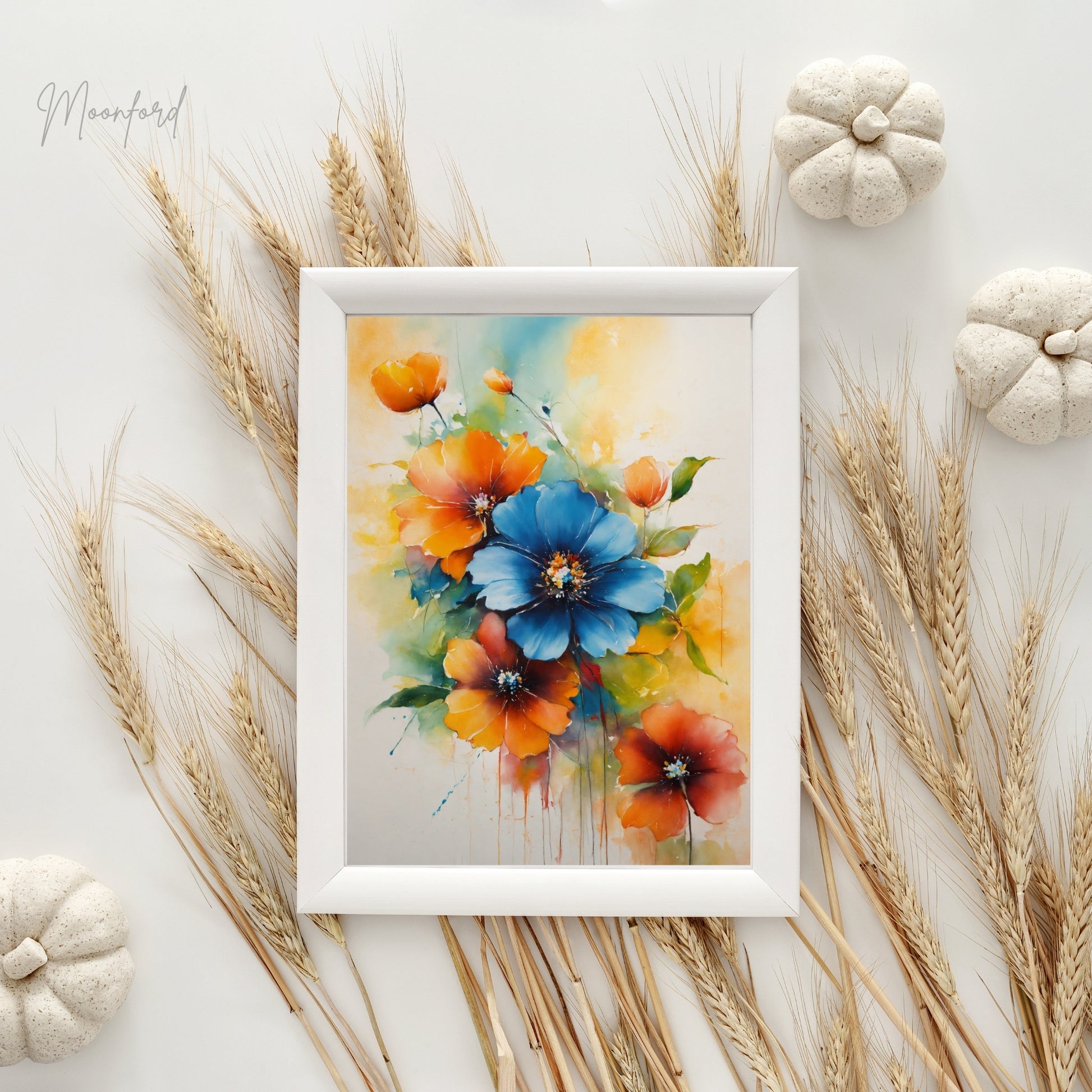 vibrant floral print, watercolor flower art, blue and orange flowers, botanical wall art, digital download print, floral home decor, watercolor bouquet print