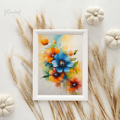 vibrant floral print, watercolor flower art, blue and orange flowers, botanical wall art, digital download print, floral home decor, watercolor bouquet print
