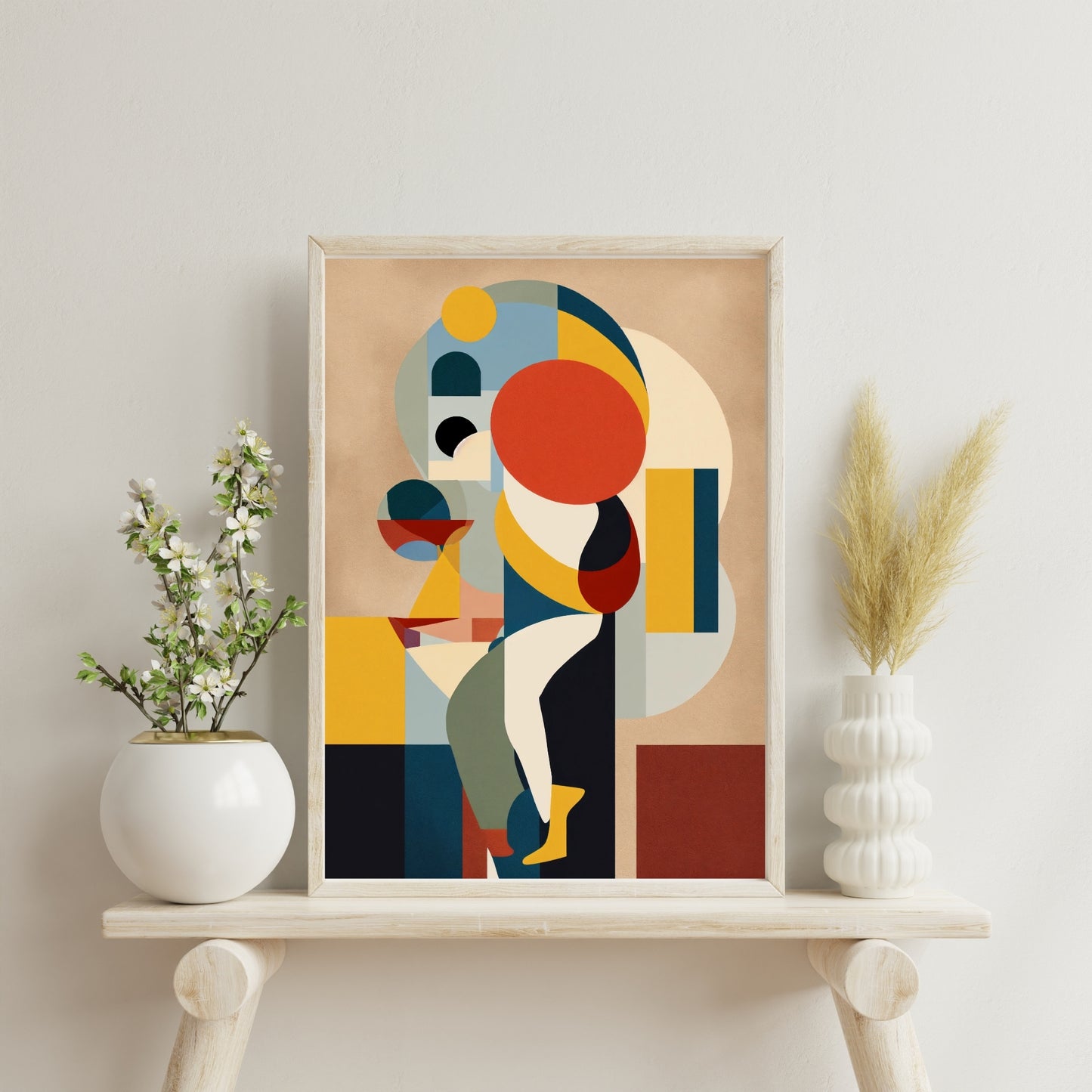 Colorful abstract geometric art print featuring bold shapes and vibrant colors, displayed in a wooden frame on a stylish shelf with modern decor.