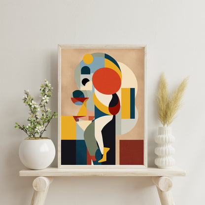 Colorful abstract geometric art print featuring bold shapes and vibrant colors, displayed in a wooden frame on a stylish shelf with modern decor.