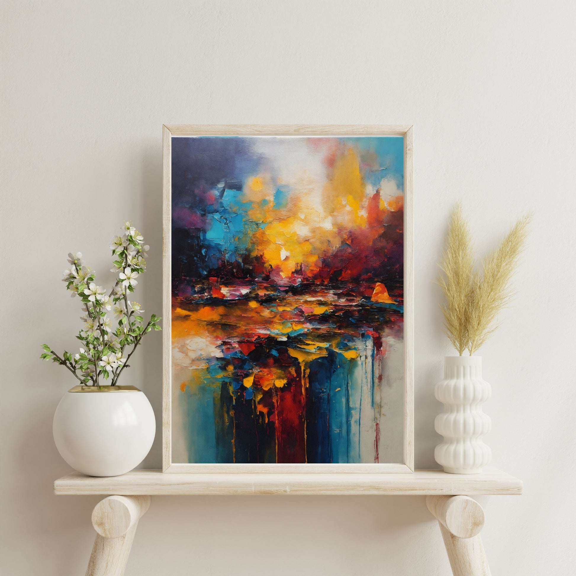 Vivid abstract landscape art print with bold colors, featuring red, blue, and yellow hues, framed and styled on a minimalist wooden shelf with decorative accents.