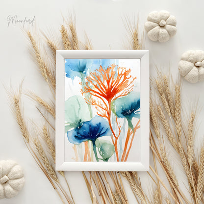 abstract botanical print, watercolor floral art, blue and orange flowers, nature-inspired wall art, digital download print, botanical watercolor, modern floral decor, minimalist wall art, abstract flower illustration