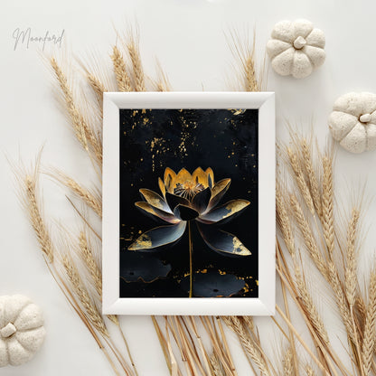 Black and gold lotus flower digital art print displayed on a white shelf with potted plants.