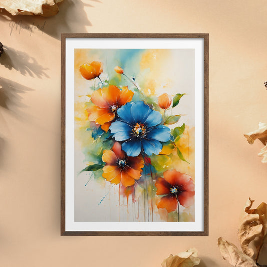 vibrant floral print, watercolor flower art, blue and orange flowers, botanical wall art, digital download print, floral home decor, watercolor bouquet print