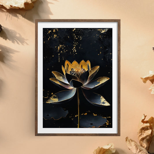 Black and gold lotus flower digital art print displayed on a white shelf with potted plants.