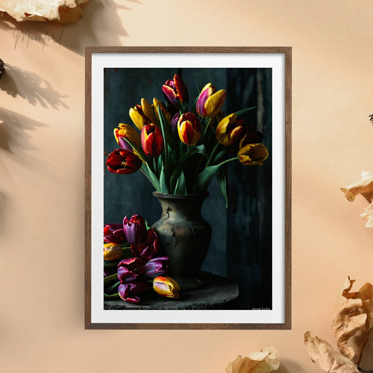 Digital art print of a vibrant tulip bouquet in an elegant vase, perfect for floral-inspired home decor.