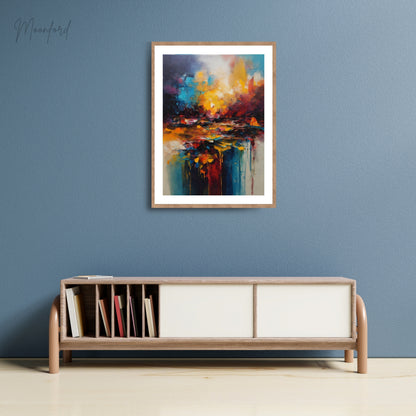 Vivid abstract landscape art print with bold colors, featuring red, blue, and yellow hues, framed and styled on a minimalist wooden shelf with decorative accents.