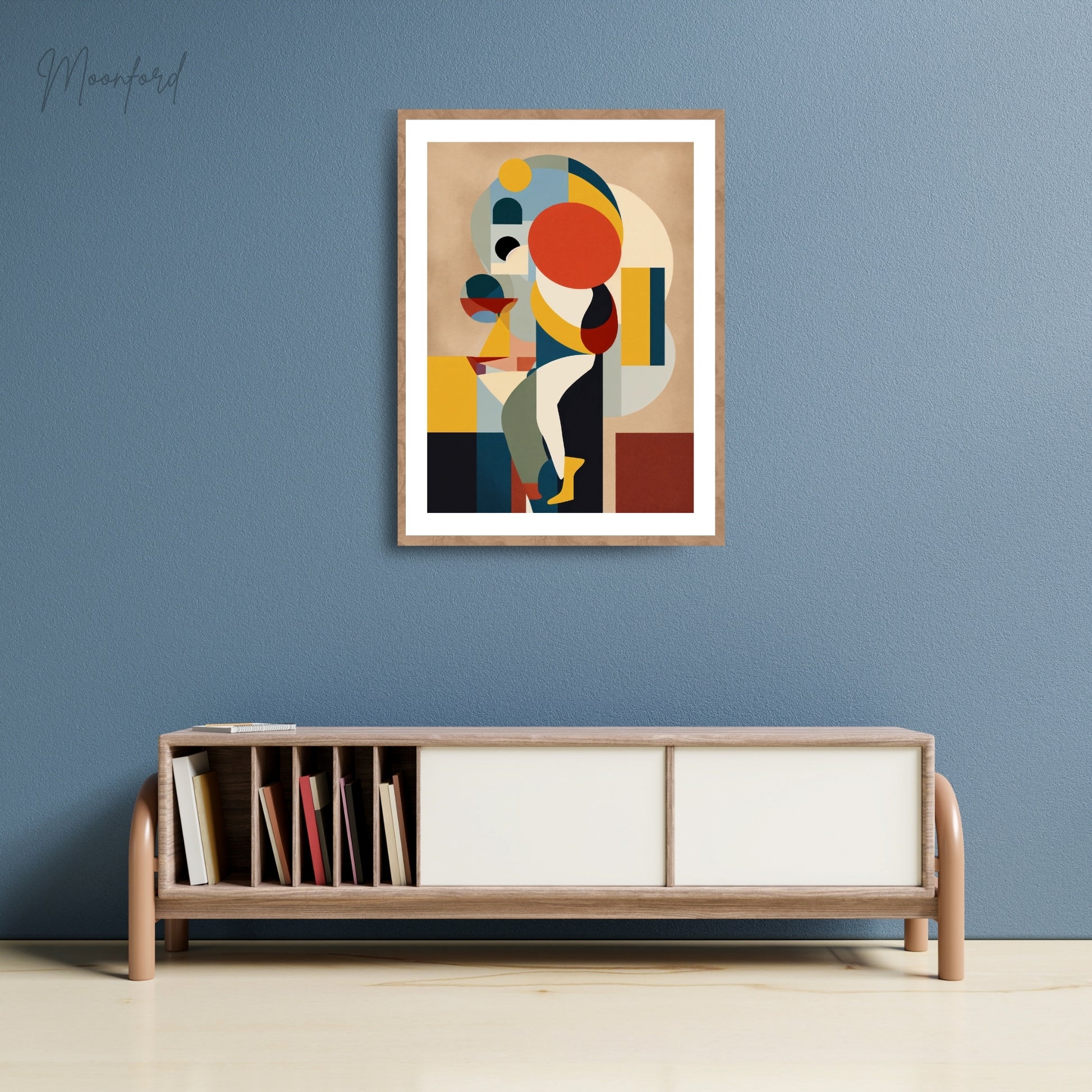 Colorful abstract geometric art print featuring bold shapes and vibrant colors, displayed in a wooden frame on a stylish shelf with modern decor.