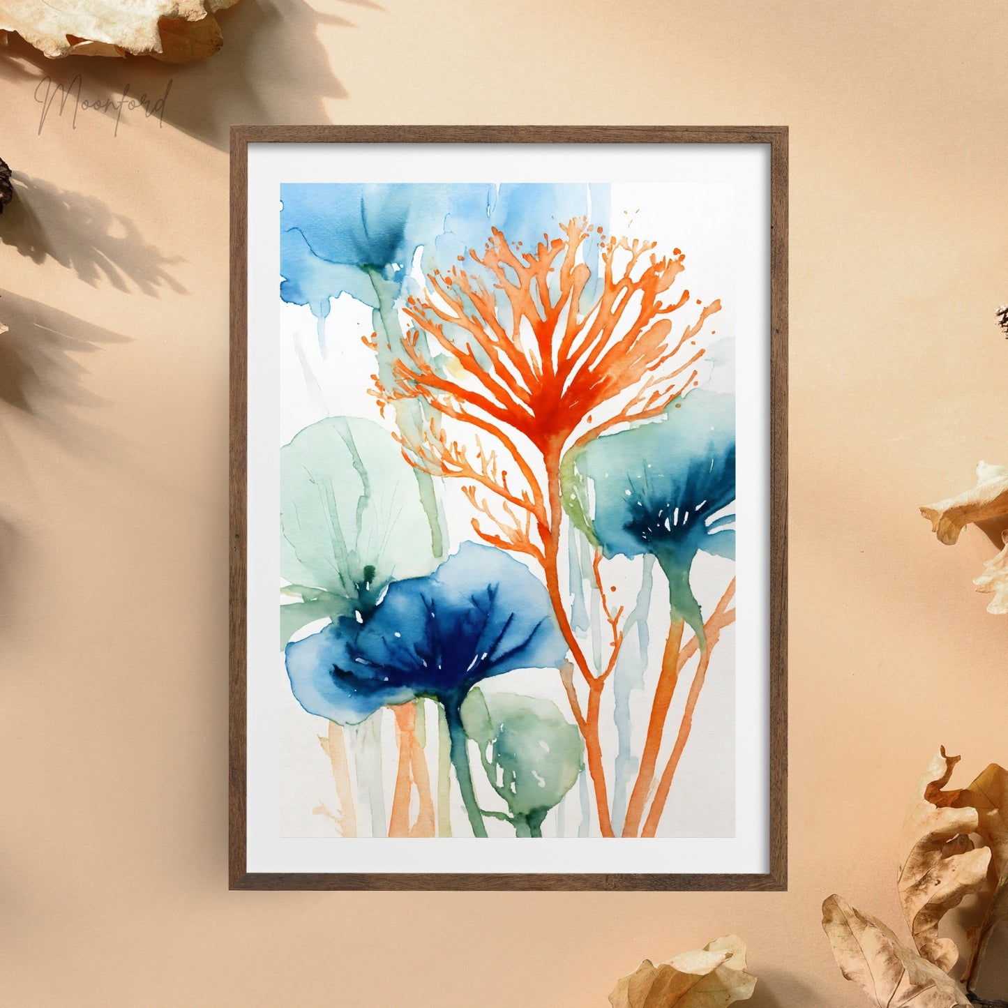 abstract botanical print, watercolor floral art, blue and orange flowers, nature-inspired wall art, digital download print, botanical watercolor, modern floral decor, minimalist wall art, abstract flower illustration