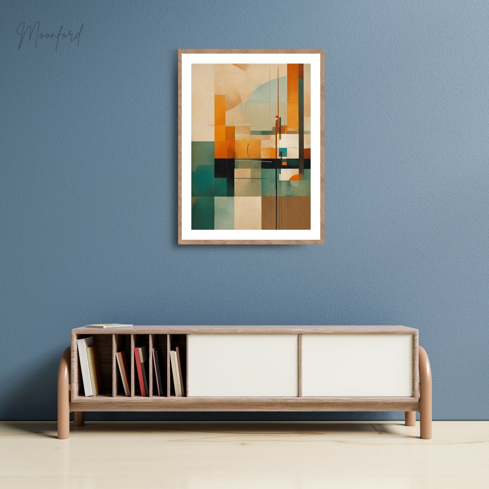 Abstract geometric art print featuring earthy tones and modern shapes displayed in a wooden frame on a stylish shelf.