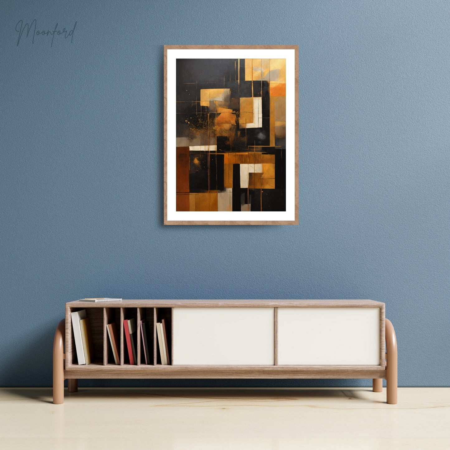 Abstract art print in gold, black, and neutral tones with a geometric design, framed and displayed on a stylish wooden shelf with modern decor.