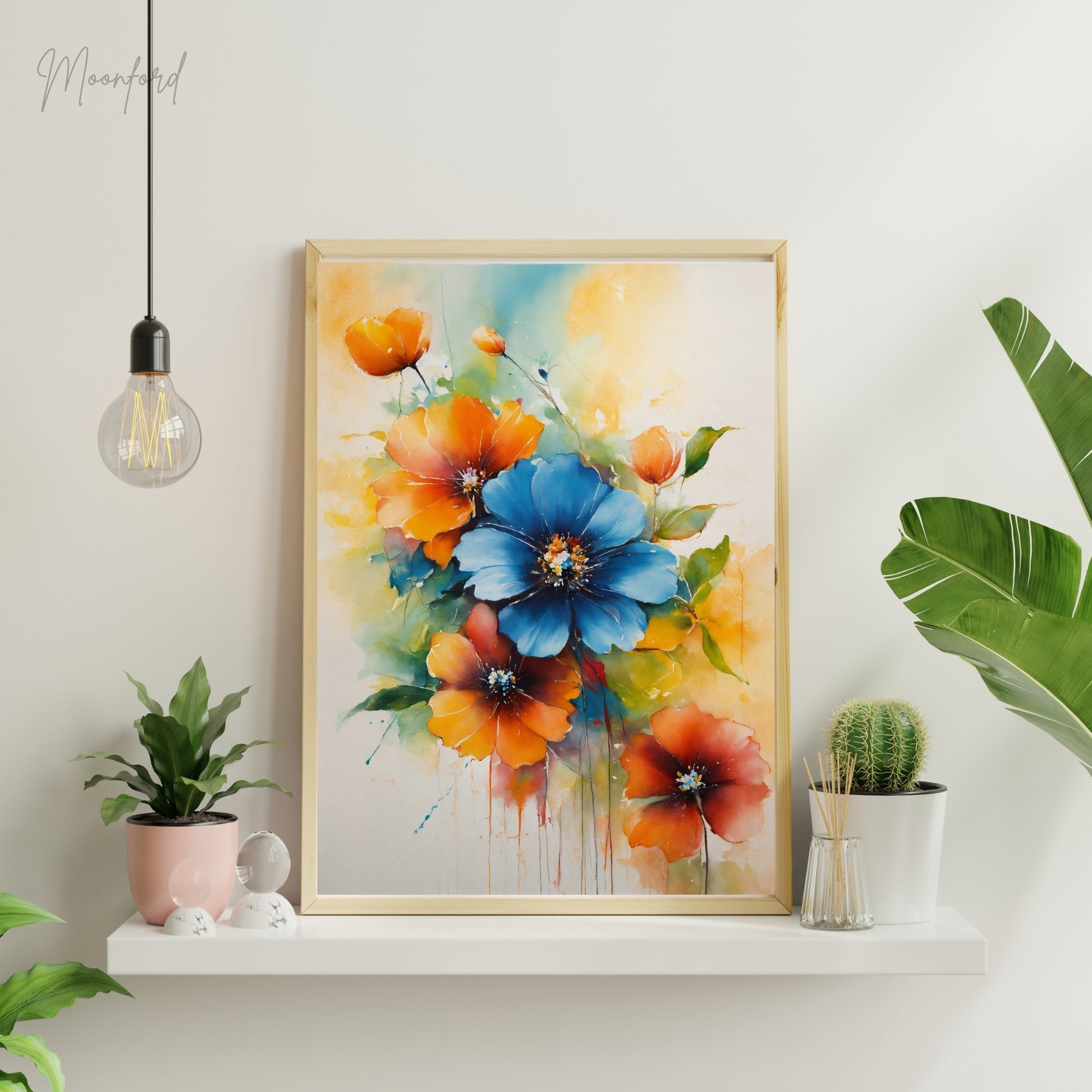 vibrant floral print, watercolor flower art, blue and orange flowers, botanical wall art, digital download print, floral home decor, watercolor bouquet print