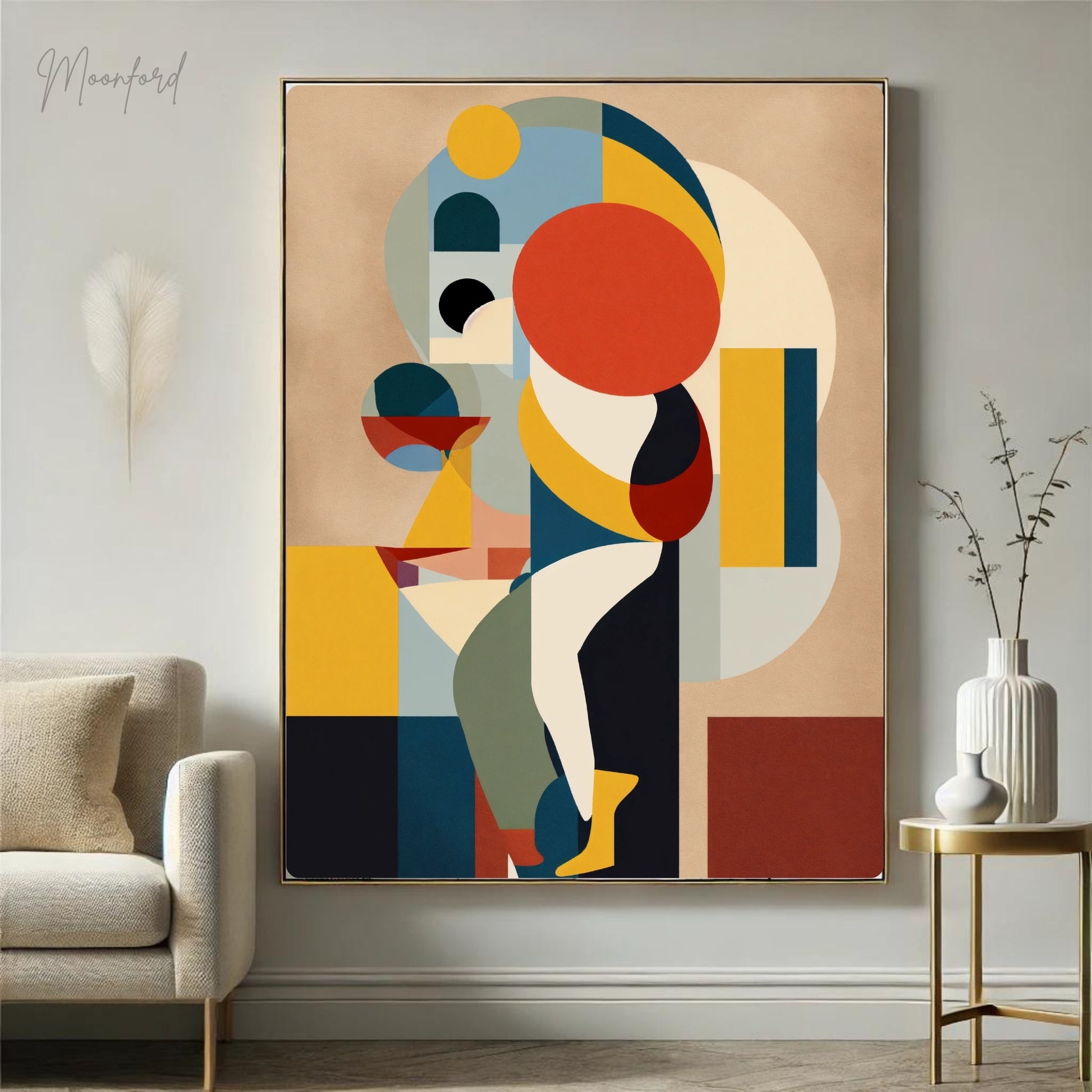 Colorful abstract geometric art print featuring bold shapes and vibrant colors, displayed in a wooden frame on a stylish shelf with modern decor.