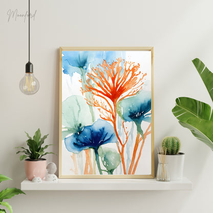 abstract botanical print, watercolor floral art, blue and orange flowers, nature-inspired wall art, digital download print, botanical watercolor, modern floral decor, minimalist wall art, abstract flower illustration