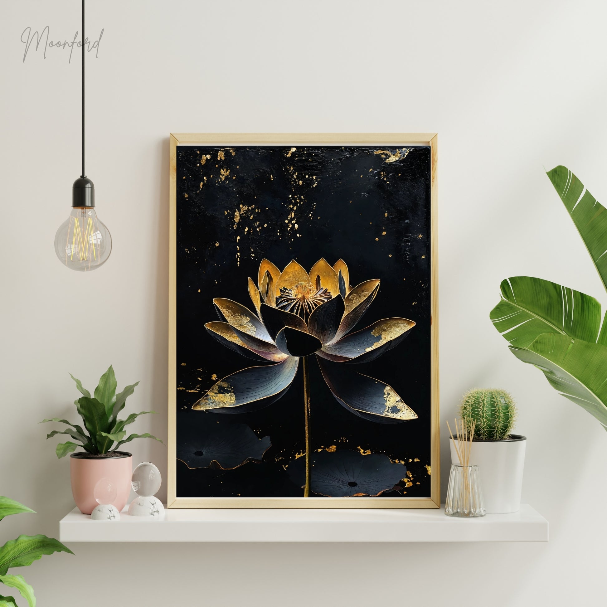 Black and gold lotus flower digital art print displayed on a white shelf with potted plants.