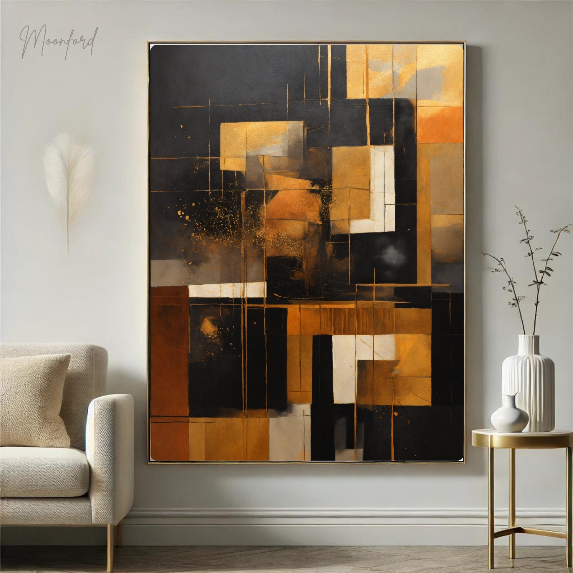 Abstract art print in gold, black, and neutral tones with a geometric design, framed and displayed on a stylish wooden shelf with modern decor.