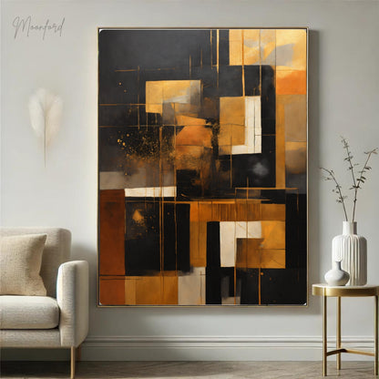 Abstract art print in gold, black, and neutral tones with a geometric design, framed and displayed on a stylish wooden shelf with modern decor.