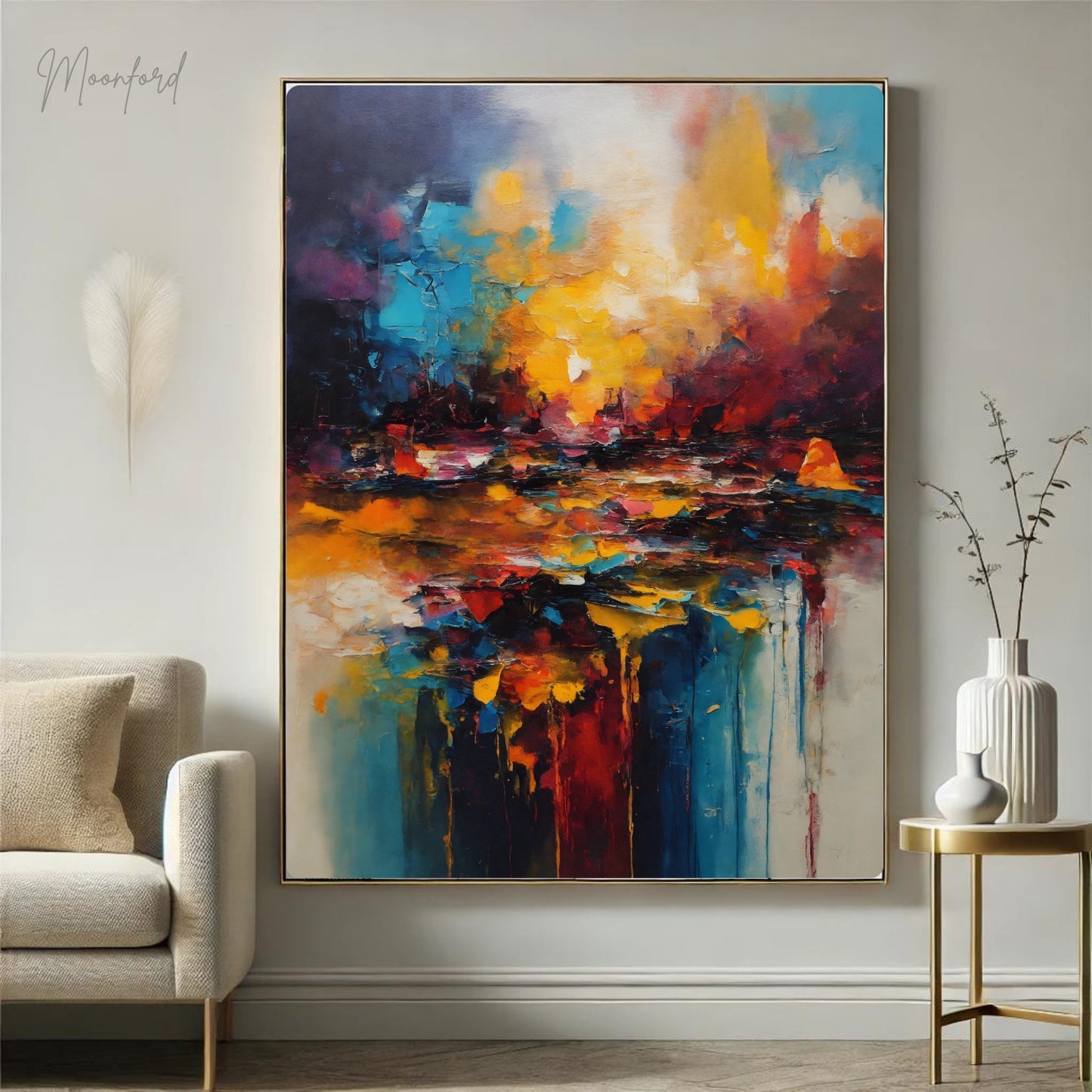 Vivid abstract landscape art print with bold colors, featuring red, blue, and yellow hues, framed and styled on a minimalist wooden shelf with decorative accents.