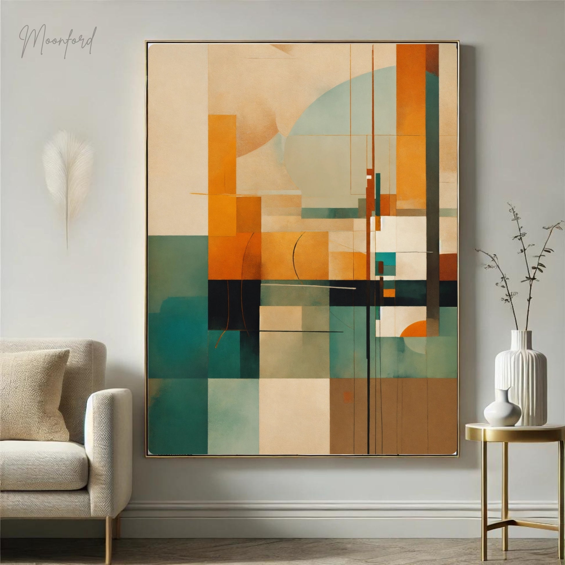 Abstract geometric art print featuring earthy tones and modern shapes displayed in a wooden frame on a stylish shelf.