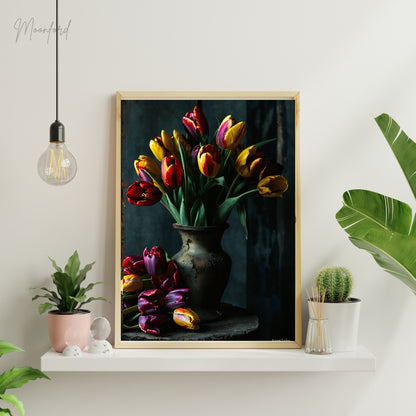 Digital art print of a vibrant tulip bouquet in an elegant vase, perfect for floral-inspired home decor.