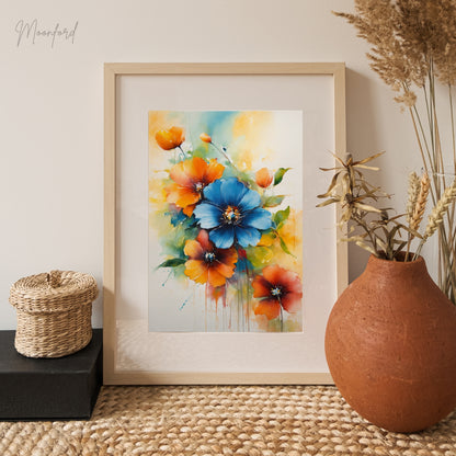 vibrant floral print, watercolor flower art, blue and orange flowers, botanical wall art, digital download print, floral home decor, watercolor bouquet print
