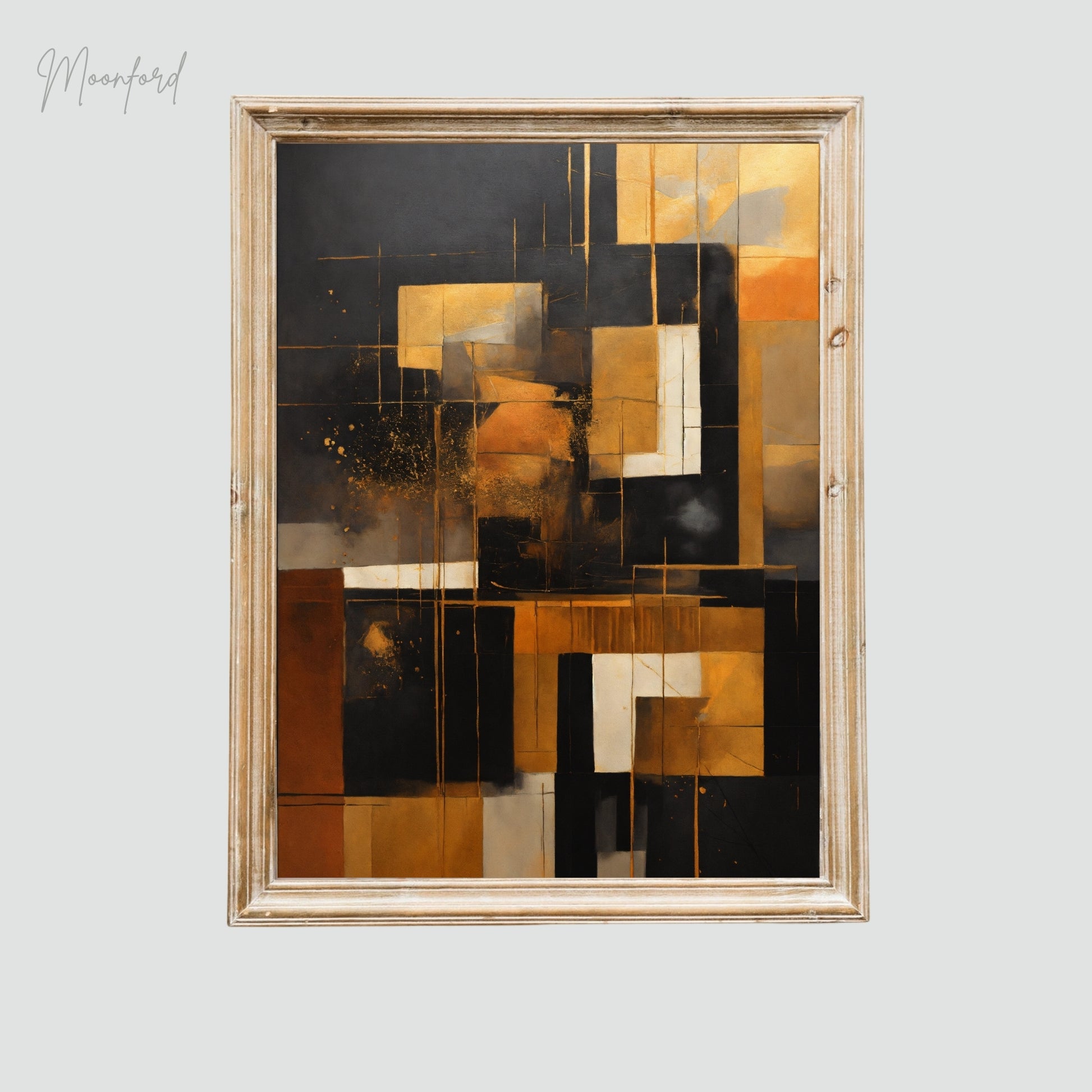 Abstract art print in gold, black, and neutral tones with a geometric design, framed and displayed on a stylish wooden shelf with modern decor.