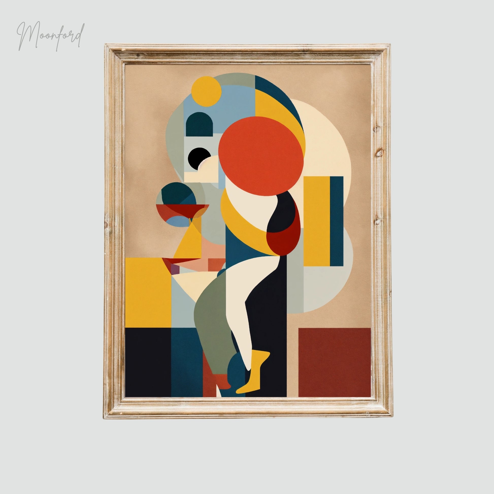 Colorful abstract geometric art print featuring bold shapes and vibrant colors, displayed in a wooden frame on a stylish shelf with modern decor.