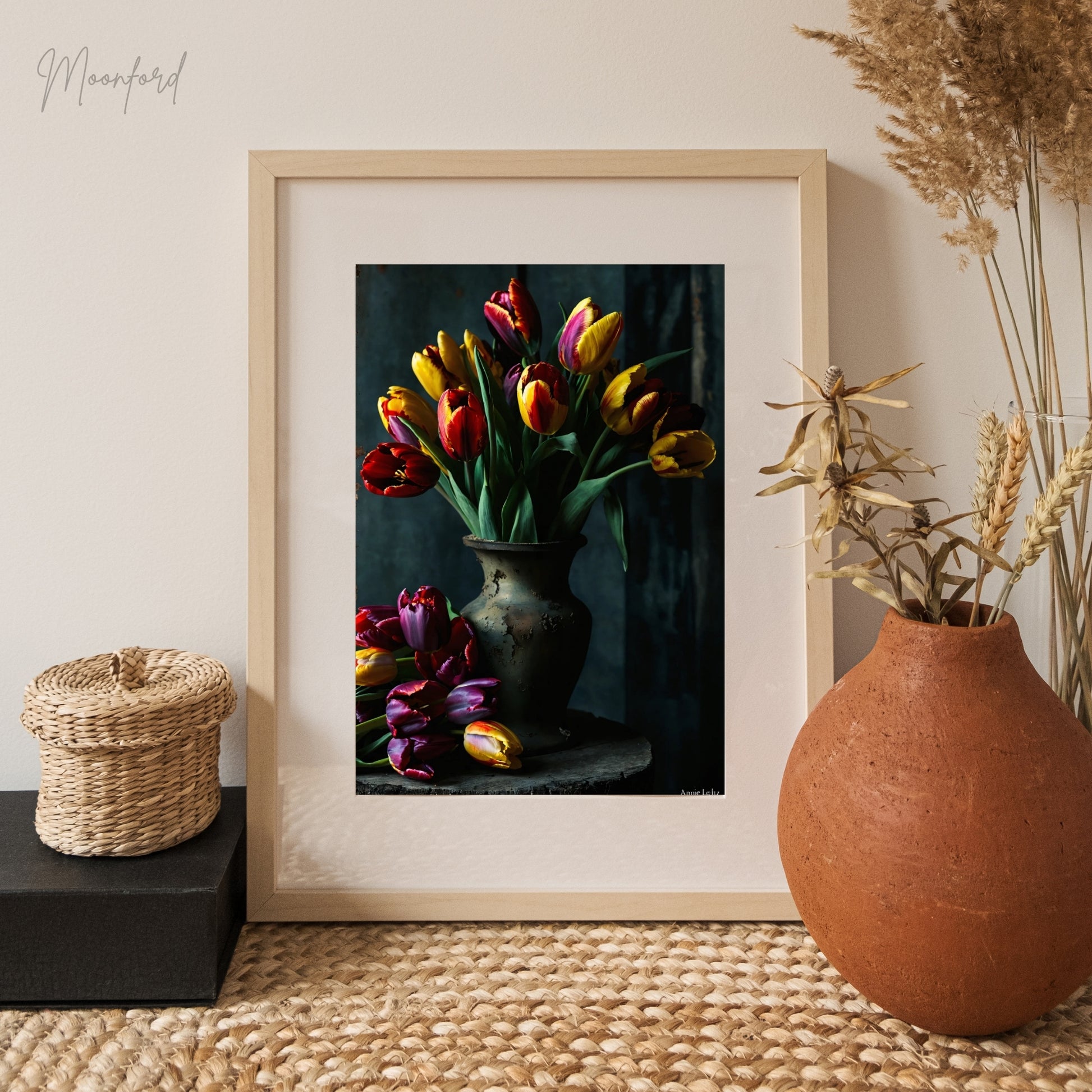 Digital art print of a vibrant tulip bouquet in an elegant vase, perfect for floral-inspired home decor.