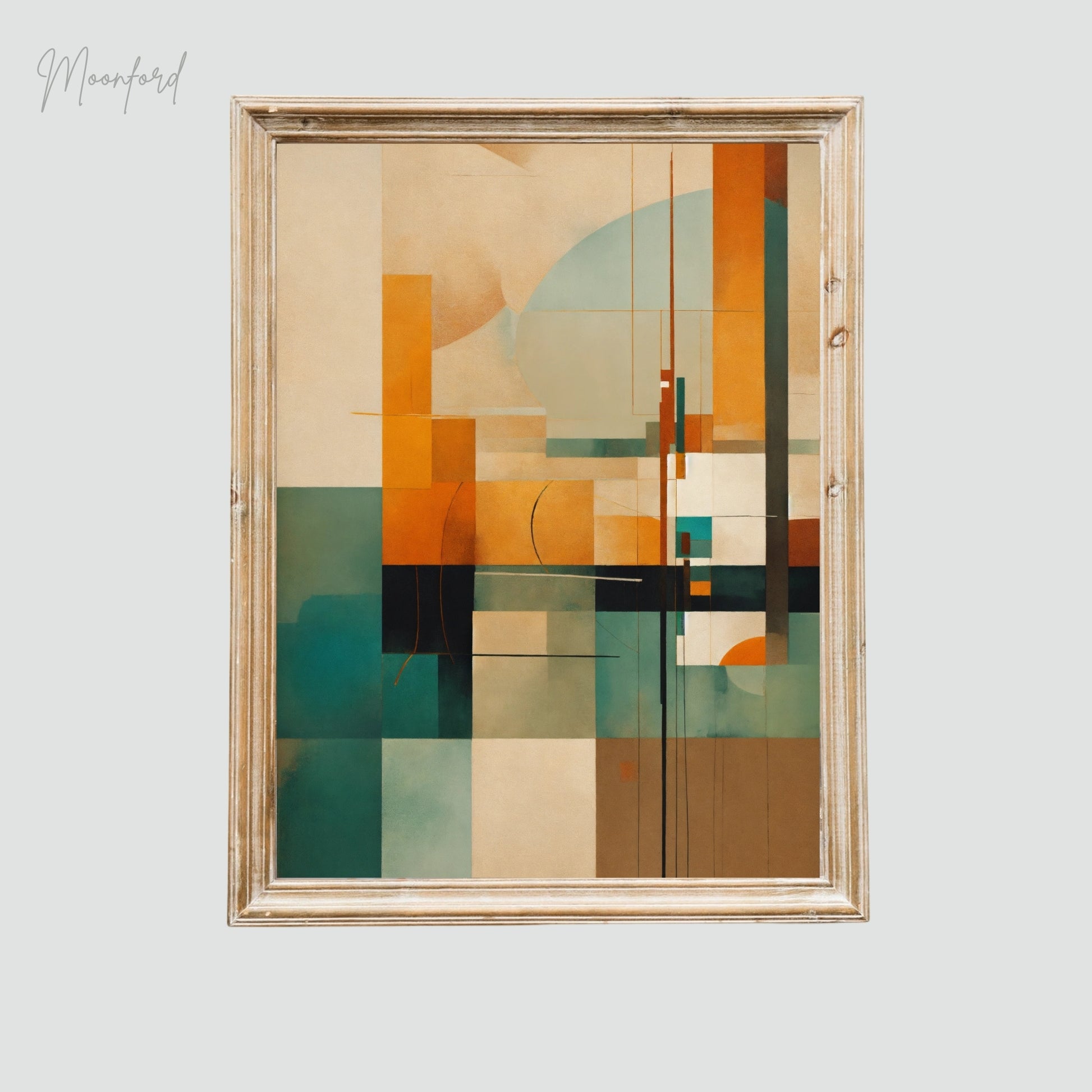 Abstract geometric art print featuring earthy tones and modern shapes displayed in a wooden frame on a stylish shelf.