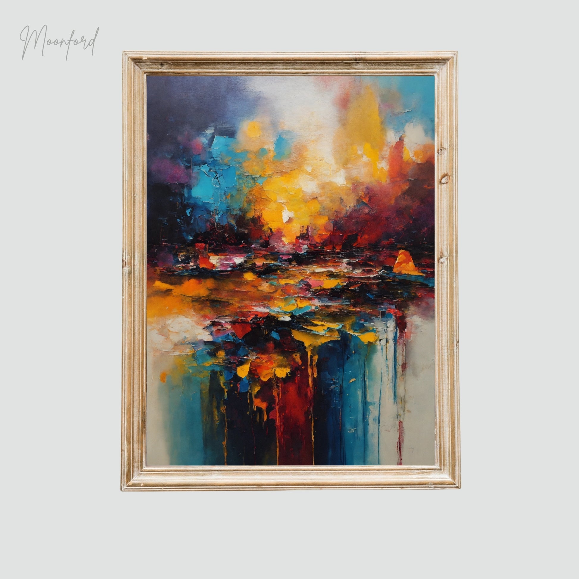 Vivid abstract landscape art print with bold colors, featuring red, blue, and yellow hues, framed and styled on a minimalist wooden shelf with decorative accents.