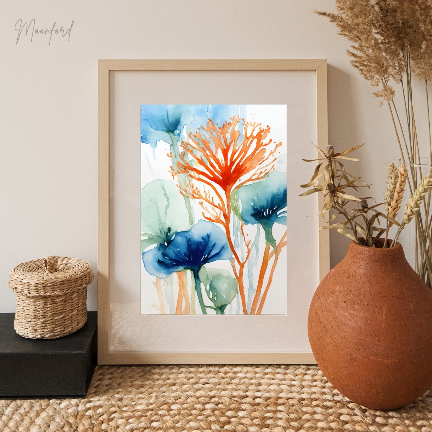 abstract botanical print, watercolor floral art, blue and orange flowers, nature-inspired wall art, digital download print, botanical watercolor, modern floral decor, minimalist wall art, abstract flower illustration