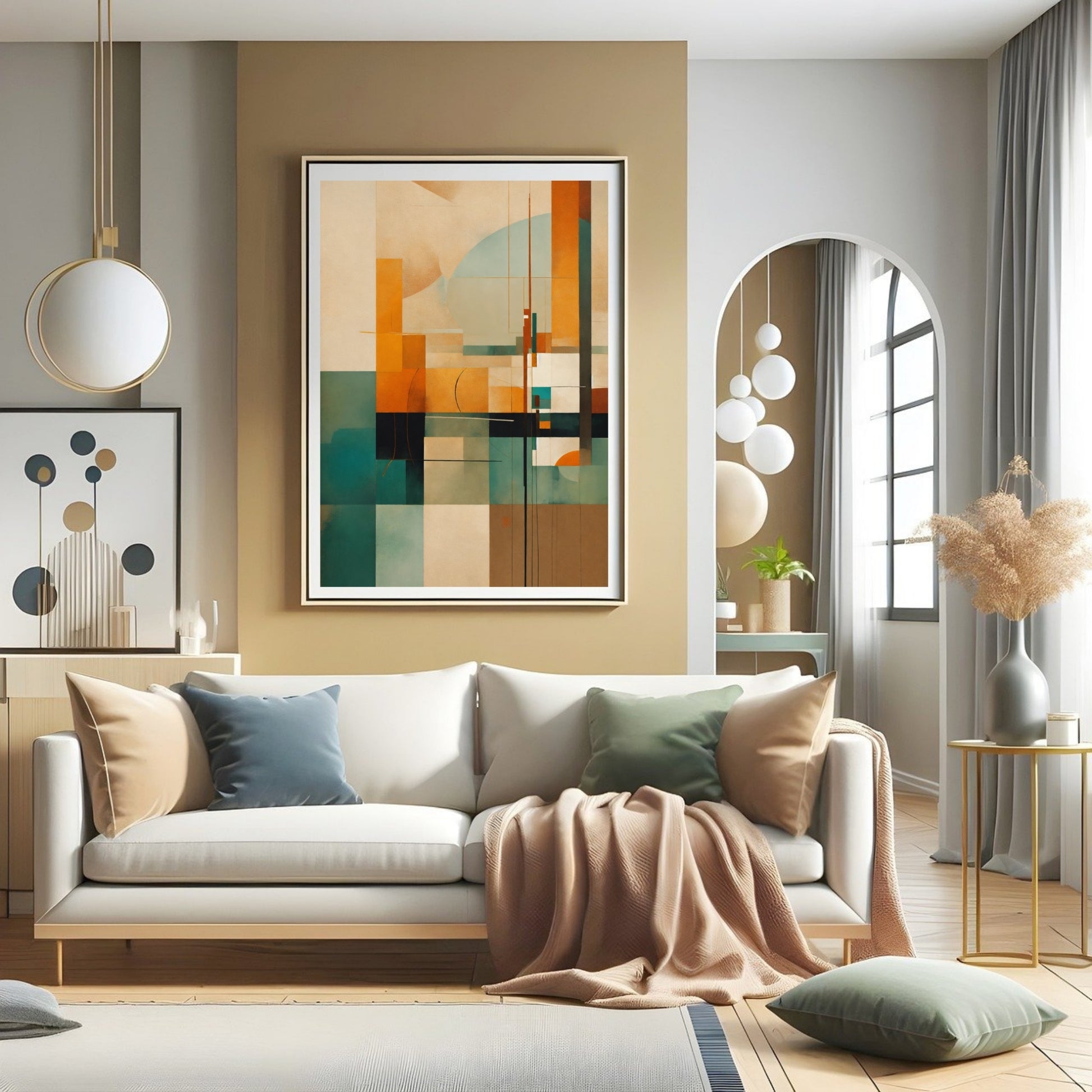 Abstract geometric art print featuring earthy tones and modern shapes displayed in a wooden frame on a stylish shelf.