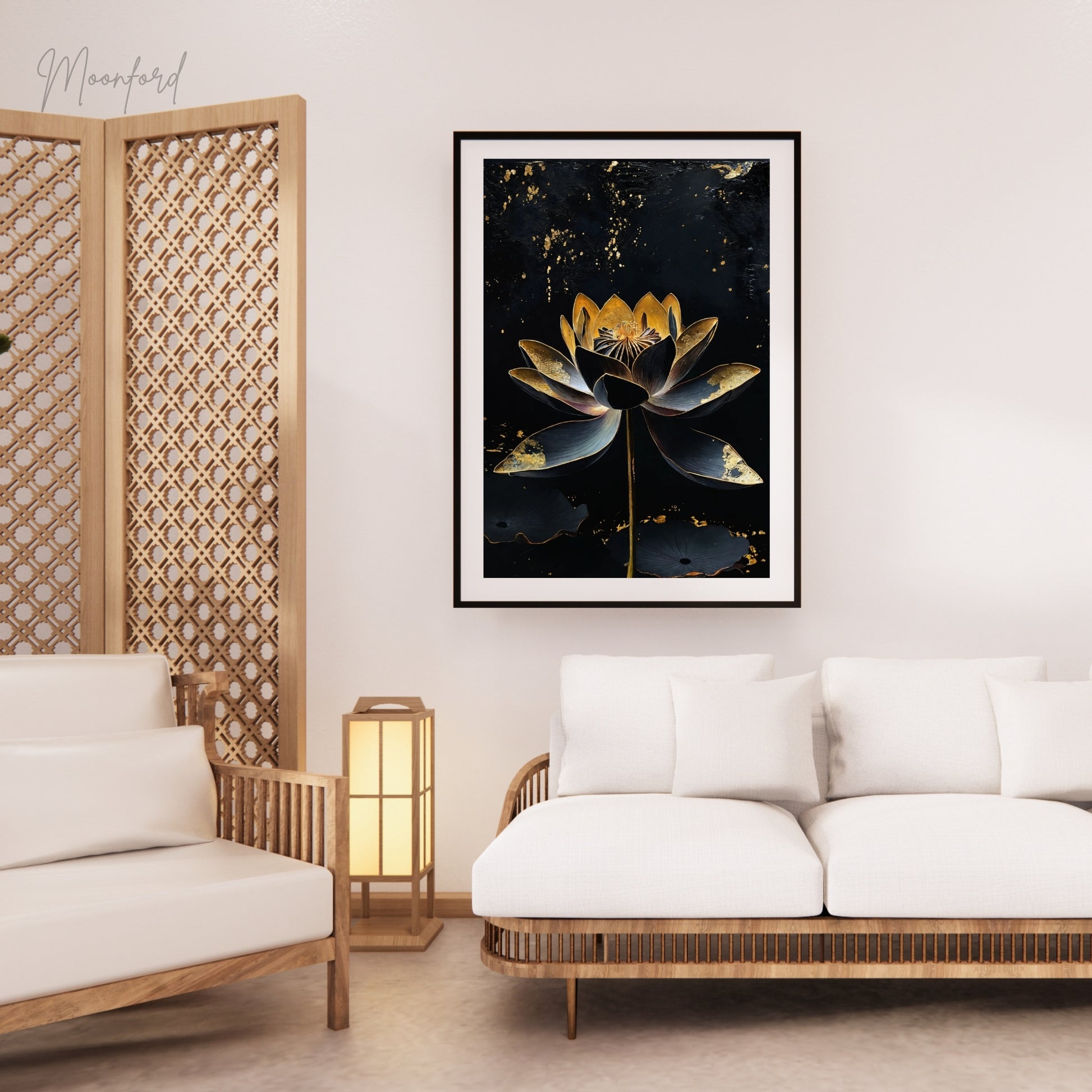 Black and gold lotus flower digital art print displayed on a white shelf with potted plants.