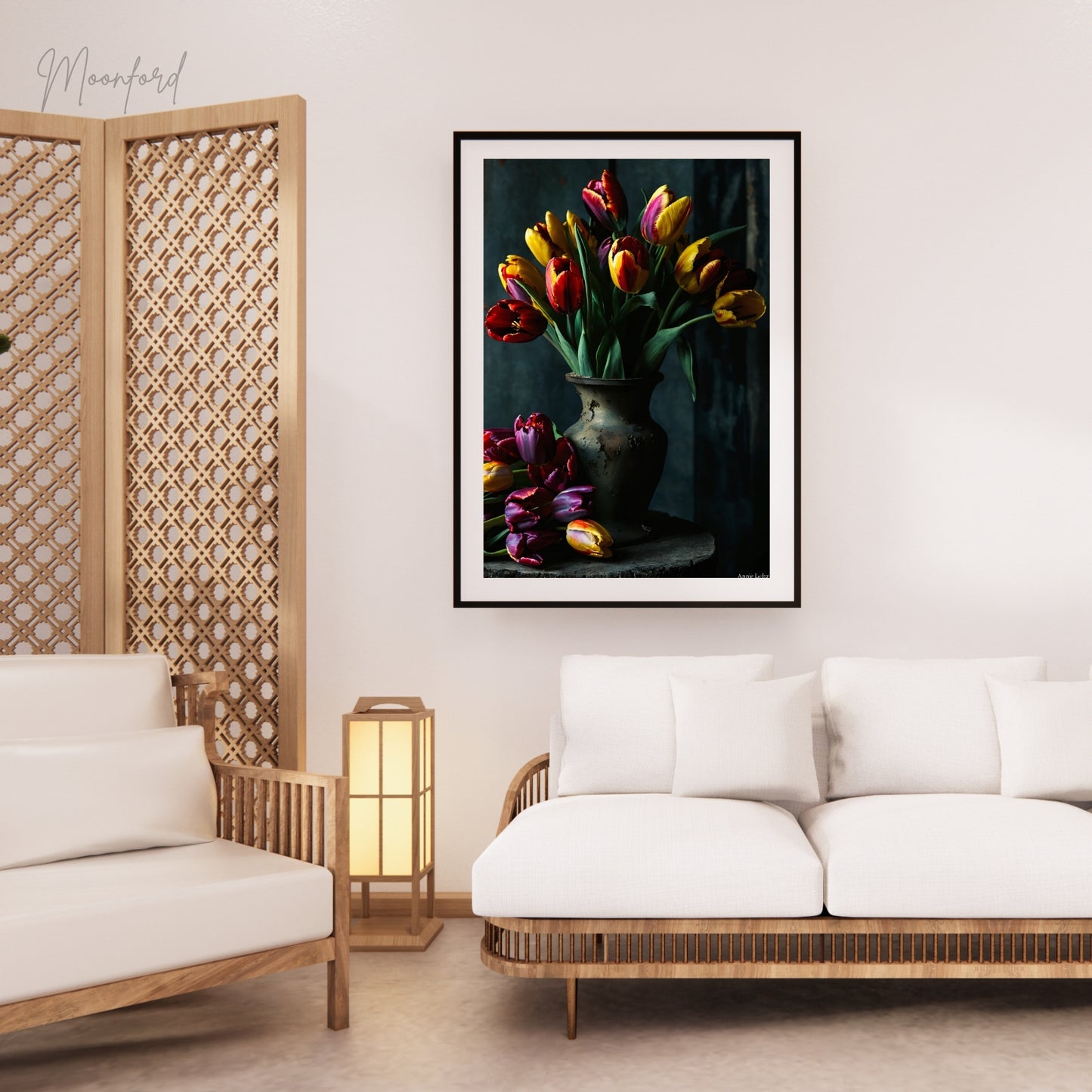 Digital art print of a vibrant tulip bouquet in an elegant vase, perfect for floral-inspired home decor.