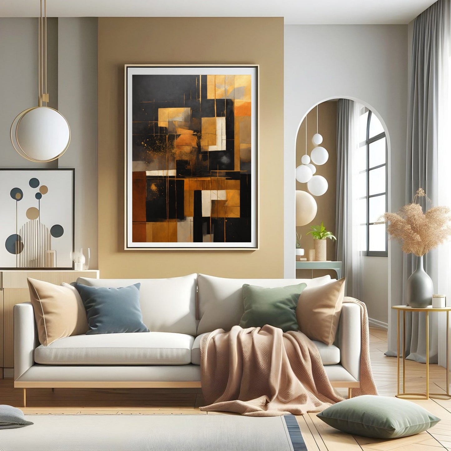 Abstract art print in gold, black, and neutral tones with a geometric design, framed and displayed on a stylish wooden shelf with modern decor.