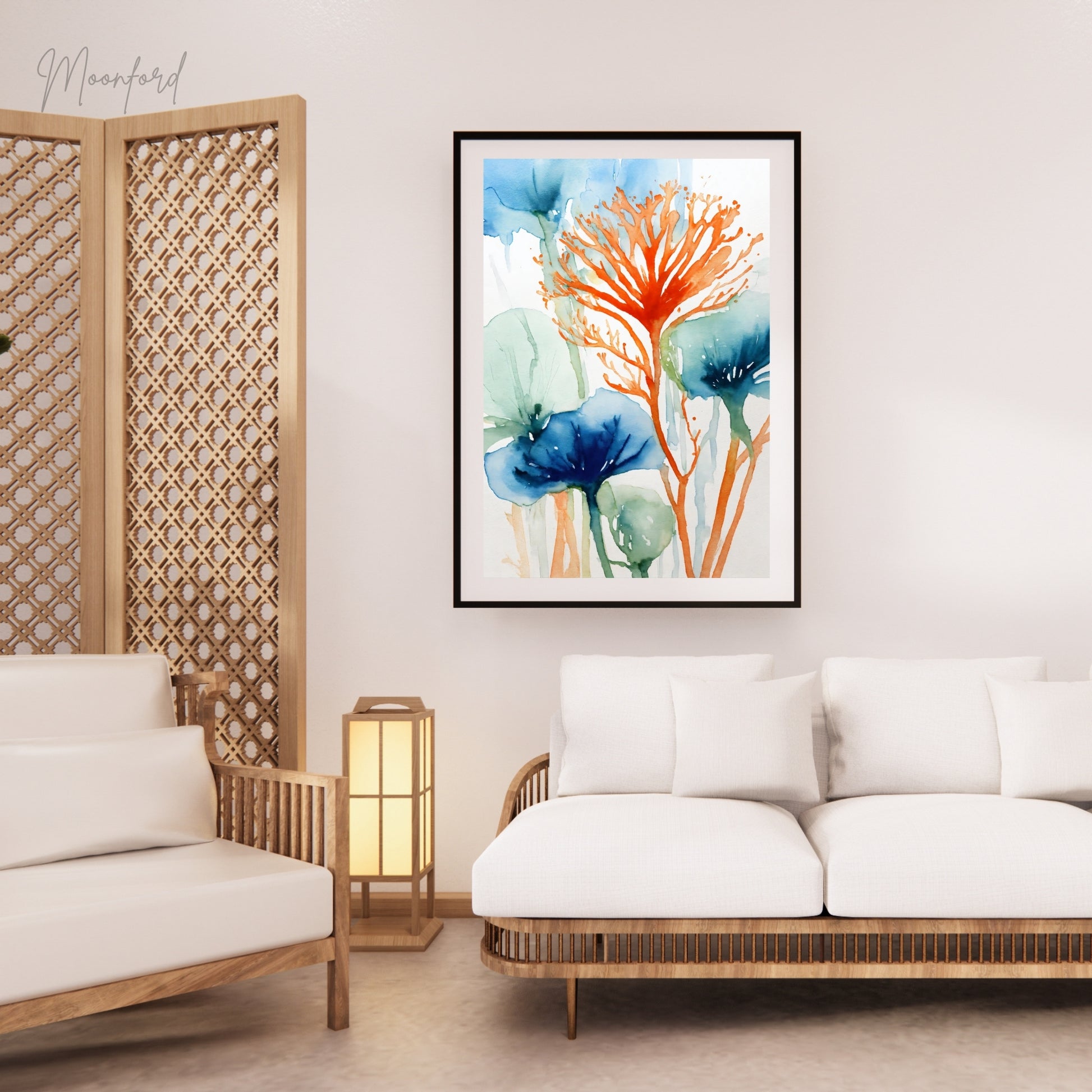 abstract botanical print, watercolor floral art, blue and orange flowers, nature-inspired wall art, digital download print, botanical watercolor, modern floral decor, minimalist wall art, abstract flower illustration