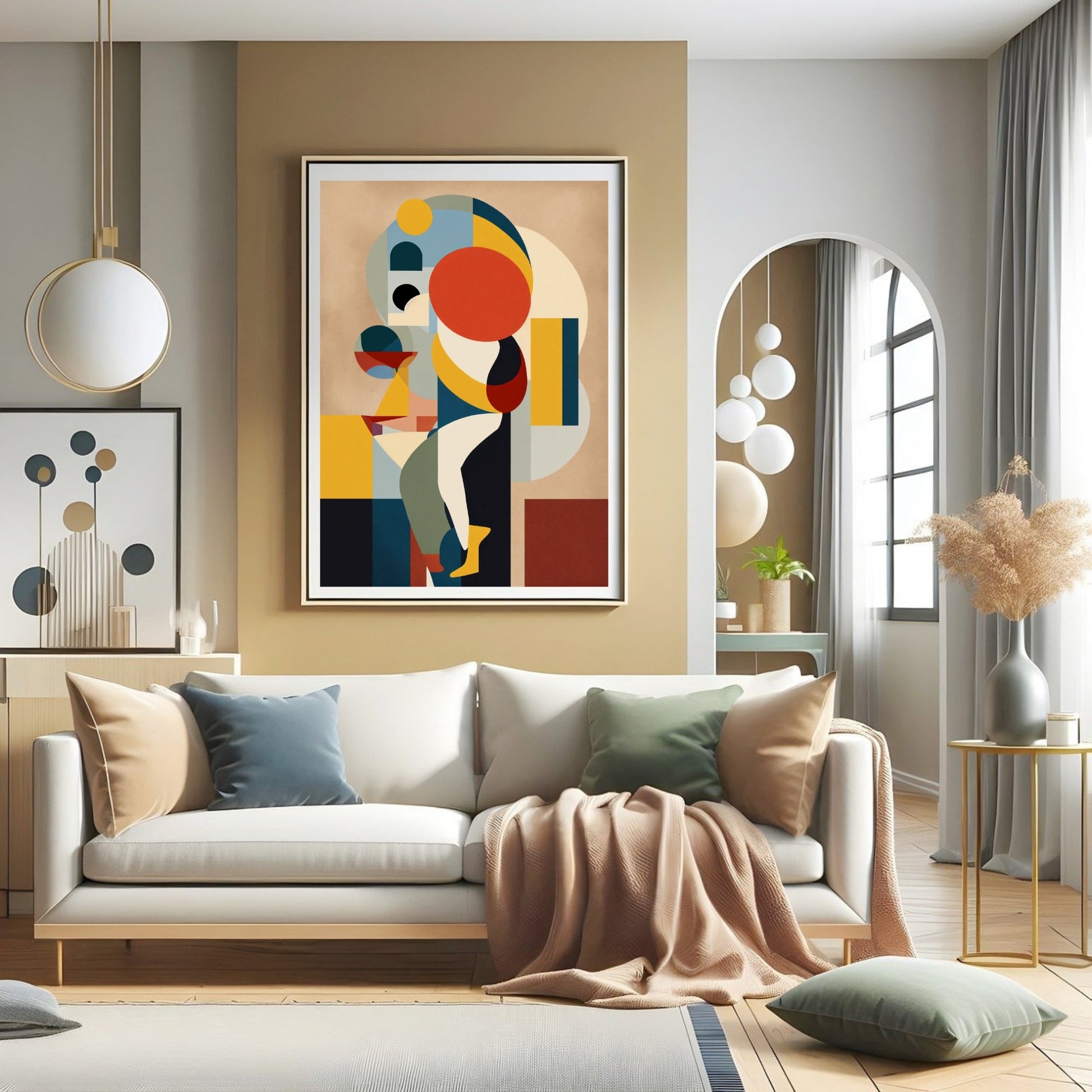 Colorful abstract geometric art print featuring bold shapes and vibrant colors, displayed in a wooden frame on a stylish shelf with modern decor.