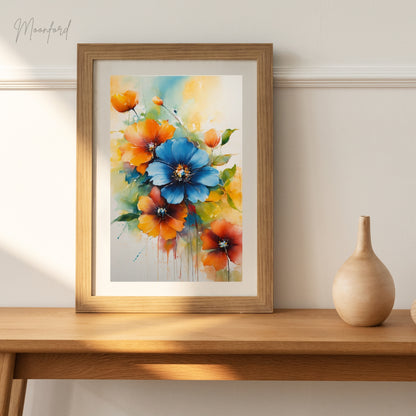 vibrant floral print, watercolor flower art, blue and orange flowers, botanical wall art, digital download print, floral home decor, watercolor bouquet print