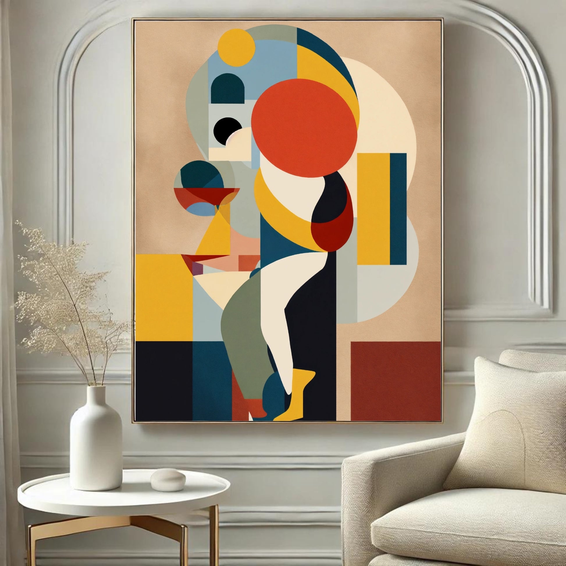Colorful abstract geometric art print featuring bold shapes and vibrant colors, displayed in a wooden frame on a stylish shelf with modern decor.