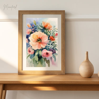 watercolor floral bouquet, soft pastel flowers, romantic botanical art, digital download print, floral wall decor, watercolor botanical, nature-inspired wall art, instant download art, pastel flower print, boho floral decor, romantic flower illustration