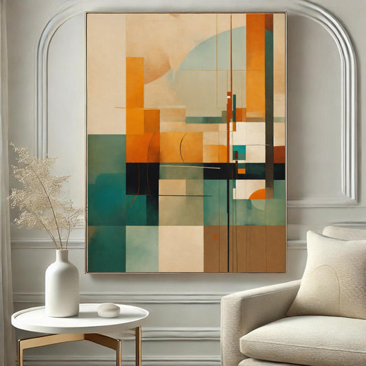 Abstract geometric art print featuring earthy tones and modern shapes displayed in a wooden frame on a stylish shelf.