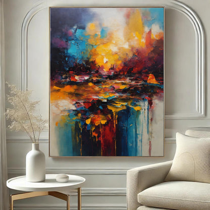 Vivid abstract landscape art print with bold colors, featuring red, blue, and yellow hues, framed and styled on a minimalist wooden shelf with decorative accents.