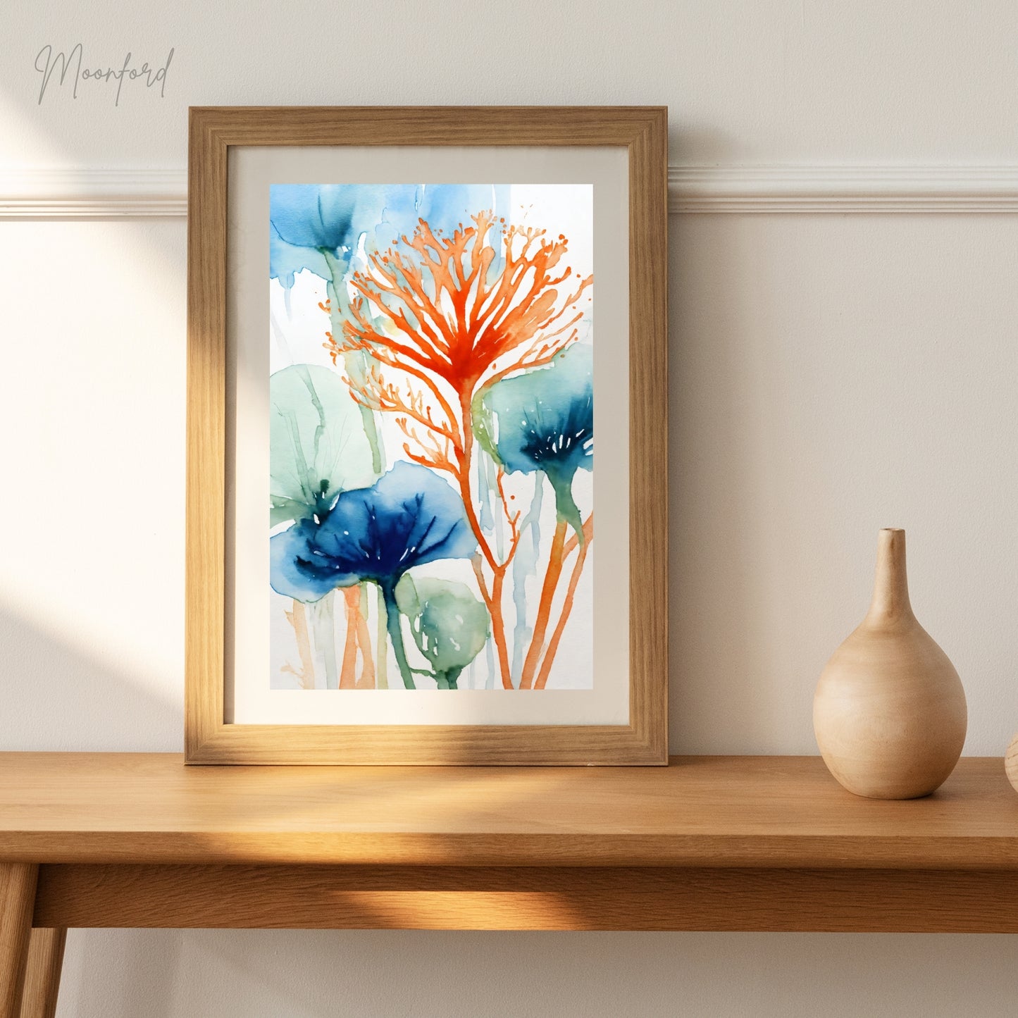 abstract botanical print, watercolor floral art, blue and orange flowers, nature-inspired wall art, digital download print, botanical watercolor, modern floral decor, minimalist wall art, abstract flower illustration