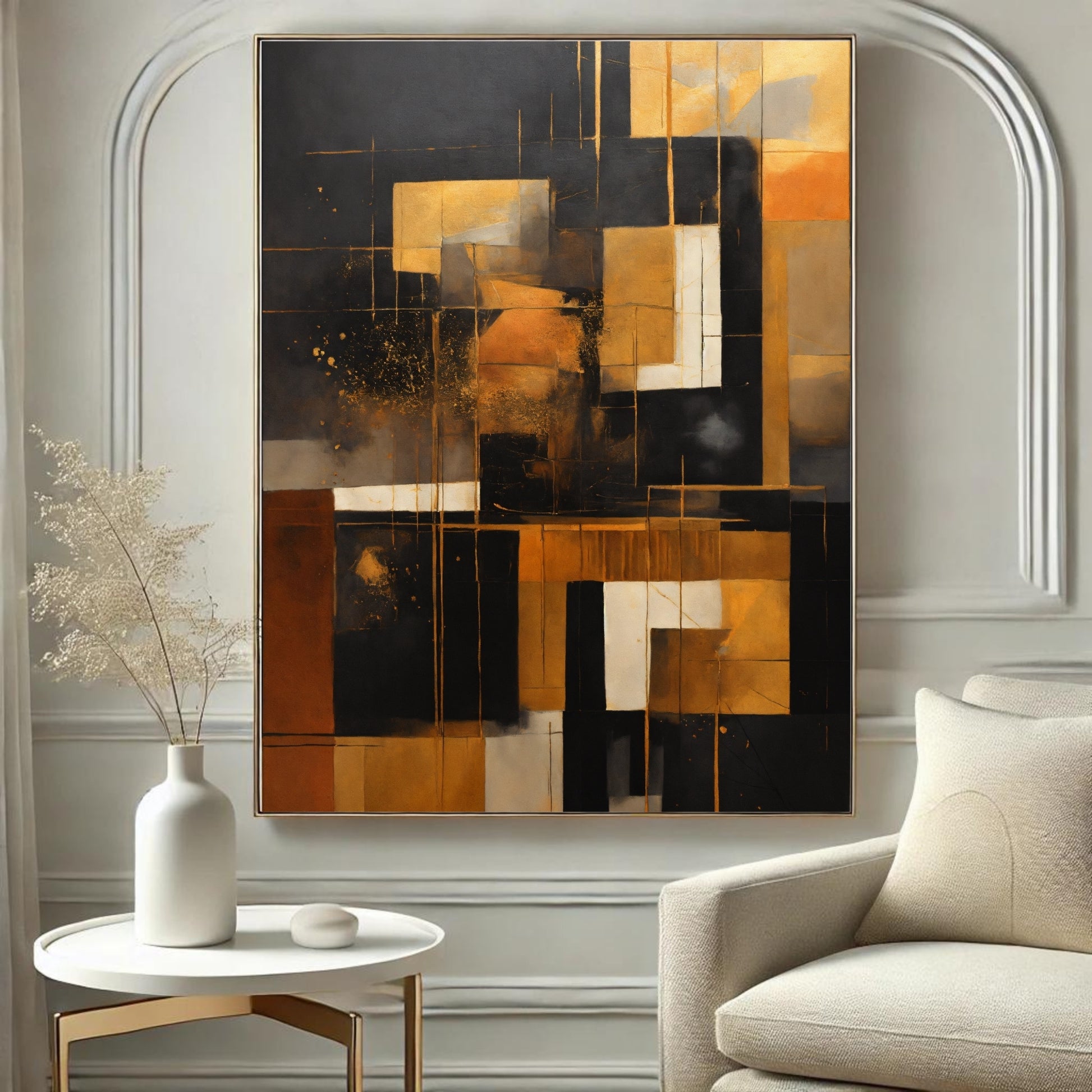 Abstract art print in gold, black, and neutral tones with a geometric design, framed and displayed on a stylish wooden shelf with modern decor.